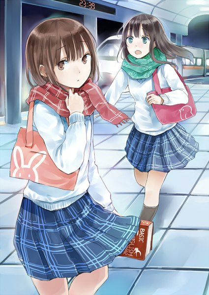 Anime picture 800x1129 with original maigoyaki tall image short hair open mouth black hair brown hair multiple girls brown eyes aqua eyes checkered floor girl skirt uniform 2 girls school uniform book (books) bag train