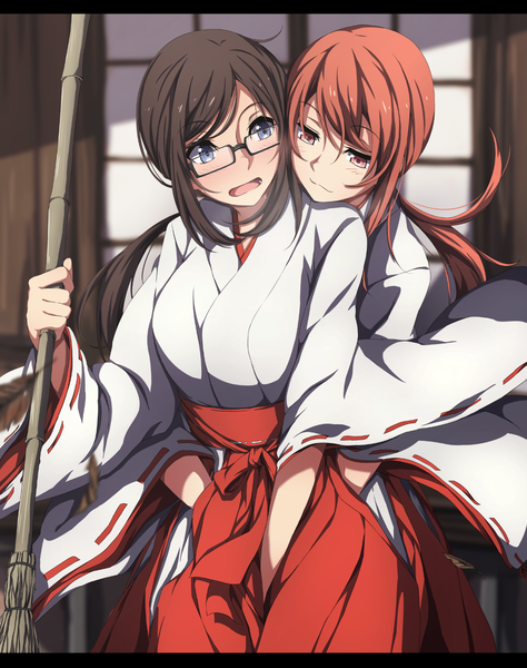 Anime picture 1306x1650 with original sblack long hair tall image blush open mouth blue eyes black hair multiple girls red hair traditional clothes japanese clothes pink eyes letterboxed shoujo ai miko girl 2 girls glasses broom