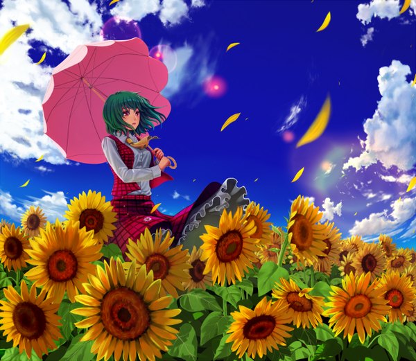 Anime picture 1242x1080 with touhou kazami yuuka konoe3 single short hair red eyes sky cloud (clouds) green hair girl dress skirt umbrella skirt set sunflower