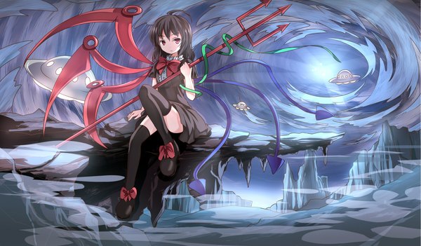 Anime picture 2274x1334 with touhou houjuu nue risutaru single long hair looking at viewer highres black hair red eyes wide image sitting ahoge light rock convenient leg fog girl thighhighs dress ribbon (ribbons)