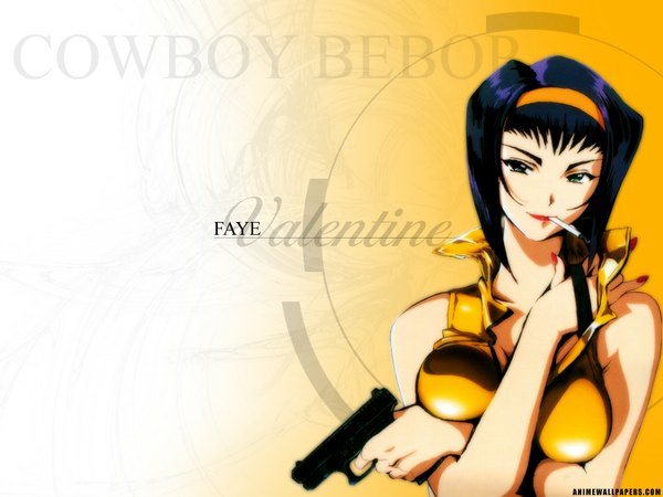 Anime picture 1024x768 with cowboy bebop sunrise (studio) faye valentine short hair black hair bare shoulders green eyes wallpaper hairband gun pistol cigarette