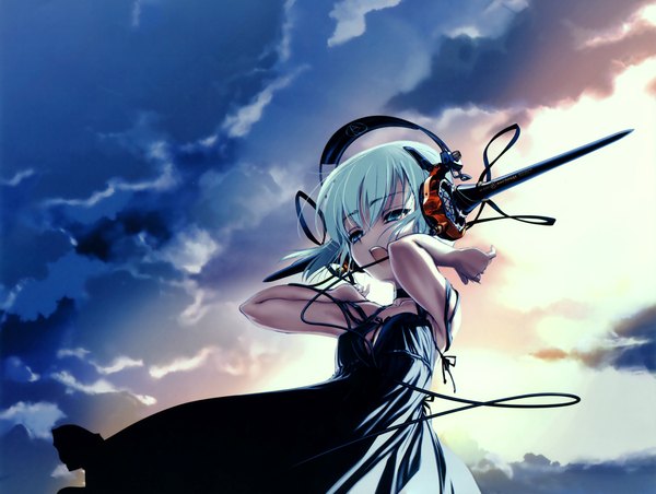 Anime picture 4680x3530 with choco highres short hair sky horn (horns) dress headphones