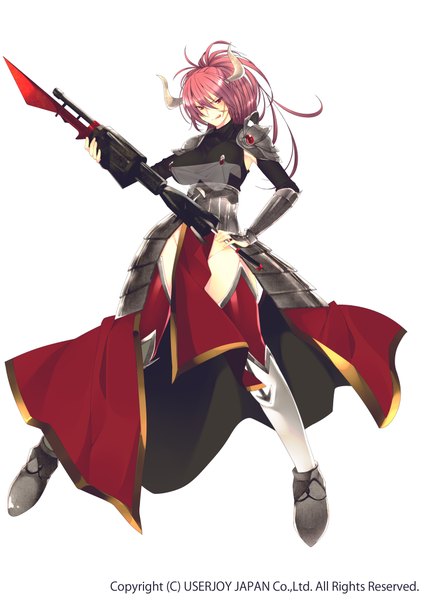 Anime picture 1447x2047 with original skull.03 single long hair tall image simple background red eyes white background pink hair horn (horns) girl weapon armor gun