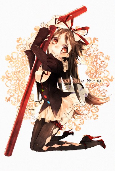 Anime picture 1181x1748 with original totsu hon (artist) single long hair tall image blush red eyes brown hair full body tears girl thighhighs bow black thighhighs hair bow