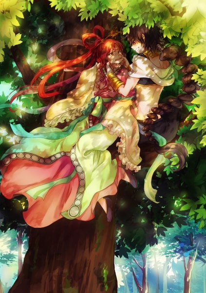 Anime picture 1748x2480 with magi the labyrinth of magic a-1 pictures judal ren kougyoku cat princess long hair tall image blush fringe highres open mouth black hair smile red eyes red hair very long hair traditional clothes wide sleeves teeth tears