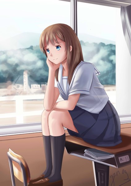 Anime picture 2480x3507 with original nijigen teikoku single long hair tall image highres blue eyes brown hair sitting girl skirt socks serafuku black socks desk