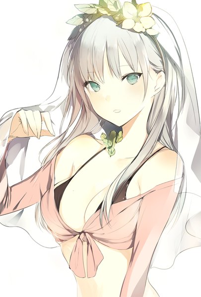 Anime picture 600x888 with original lpip single long hair tall image looking at viewer blush fringe breasts open mouth blue eyes light erotic simple background large breasts white background bare shoulders payot cleavage silver hair upper body