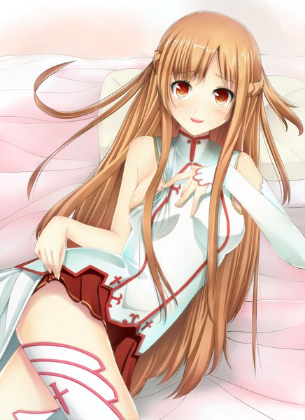 Anime picture 1275x1755 with sword art online a-1 pictures yuuki asuna kero (tomoki-tiger) single long hair tall image looking at viewer blush red eyes brown hair girl thighhighs detached sleeves