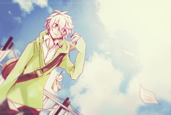 Anime picture 1748x1181 with kagerou project shaft (studio) konoha (kagerou project) woshiab single highres short hair red eyes sky cloud (clouds) white hair wind open collar boy guitar paper barcode