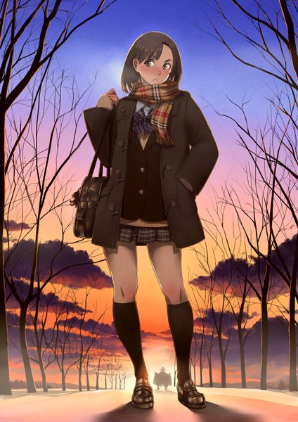 Anime picture 1060x1500 with original twinpoo single tall image blush short hair black hair brown eyes sky cloud (clouds) evening sunset girl skirt uniform plant (plants) school uniform miniskirt tree (trees) socks