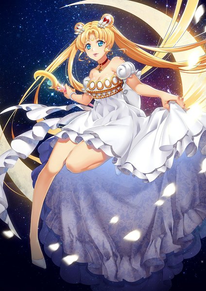 Anime picture 827x1169 with bishoujo senshi sailor moon toei animation tsukino usagi princess serenity nemovo single long hair tall image looking at viewer blue eyes blonde hair twintails bare shoulders holding bent knee (knees) aqua eyes light smile hair bun (hair buns) crescent space