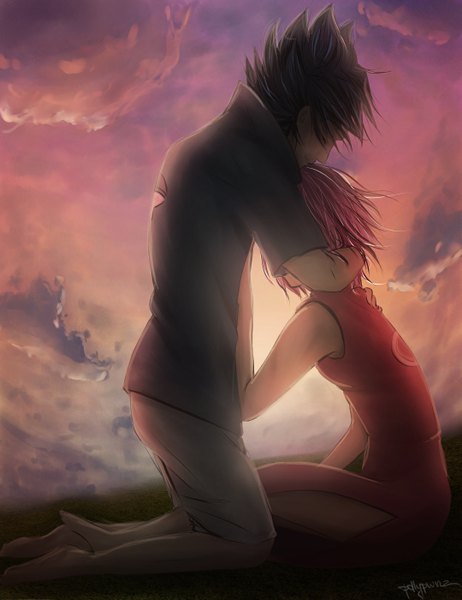 Anime picture 4317x5600 with naruto studio pierrot naruto (series) uchiha sasuke haruno sakura pollypwnz tall image highres short hair black hair sitting pink hair absurdres sky cloud (clouds) eyes closed barefoot light smile couple hug