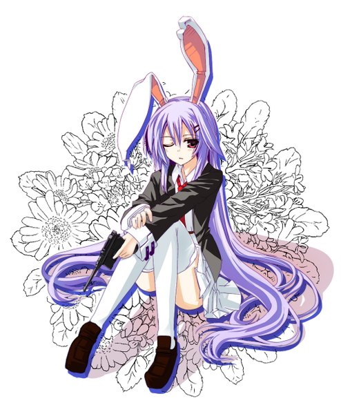Anime picture 1044x1268 with touhou reisen udongein inaba gotyou single tall image fringe hair between eyes red eyes sitting purple hair full body very long hair one eye closed bunny ears bunny girl floral background girl thighhighs ribbon (ribbons) white thighhighs