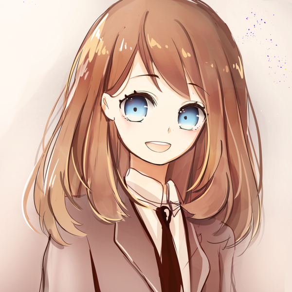 Anime picture 894x894 with original quinn single long hair fringe open mouth blue eyes simple background smile brown hair gradient background girl uniform school uniform shirt necktie white shirt