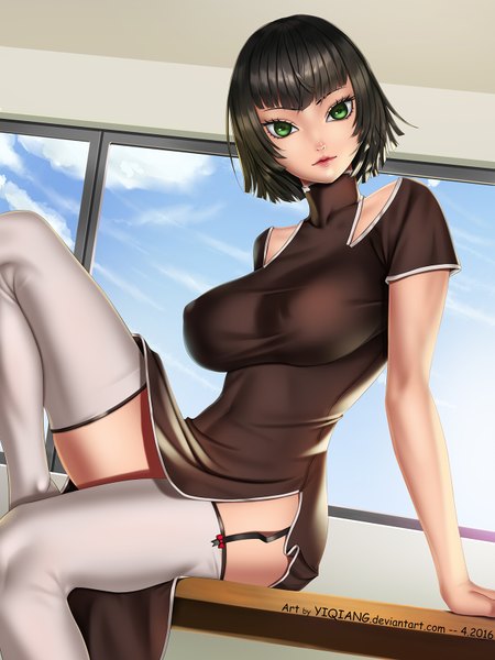 Anime picture 1268x1690 with one-punch man madhouse fubuki (one-punch man) yi qiang single tall image looking at viewer short hair breasts light erotic black hair large breasts sitting green eyes traditional clothes chinese clothes girl thighhighs white thighhighs chinese dress