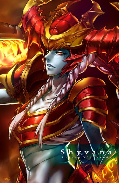 Anime picture 1050x1600 with league of legends shyvana (league of legends) non (nonzile) single long hair tall image looking at viewer yellow eyes lips grey hair blue skin girl armor helmet spaulder (spaulders) flame