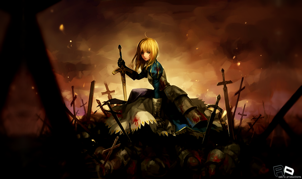 Anime picture 1480x879 with fate (series) fate/stay night fate/zero studio deen type-moon artoria pendragon (all) saber ask (askzy) single long hair looking at viewer fringe short hair blonde hair wide image green eyes aqua eyes dark background sad death