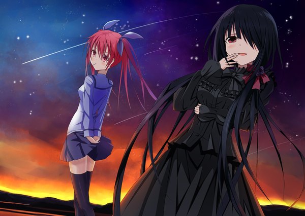Anime picture 1920x1364 with date a live tokisaki kurumi itsuka kotori tianya beiming long hair looking at viewer blush fringe highres black hair smile red eyes twintails multiple girls red hair looking back hair over one eye night sky low twintails turning head