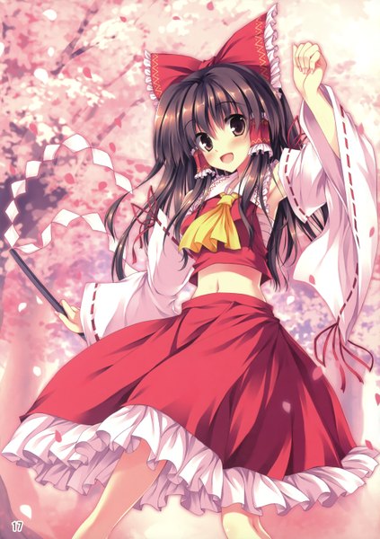 Anime picture 2139x3032 with touhou hakurei reimu tateha (marvelous grace) single long hair tall image blush highres open mouth black hair brown eyes cherry blossoms miko girl skirt navel bow hair bow detached sleeves skirt set