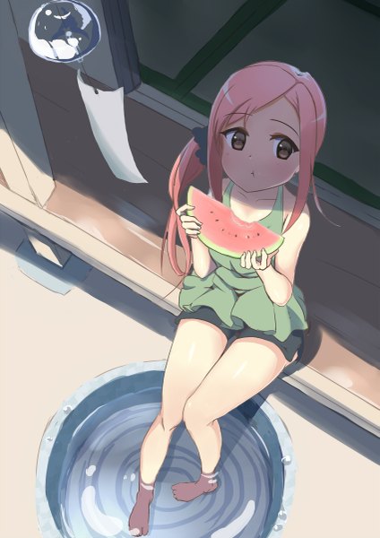 Anime picture 849x1200 with original nashi-chai1346 single long hair tall image sitting holding brown eyes looking away pink hair full body bent knee (knees) barefoot from above sunlight shadow shiny skin thigh gap side ponytail eating