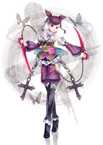 Anime picture 849x1200 with original k+ single tall image short hair red eyes purple hair girl dress weapon detached sleeves sword insect butterfly chain cross