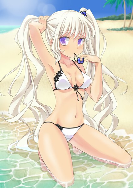 Anime picture 707x1000 with original inahomisuzu single long hair tall image looking at viewer breasts light erotic purple eyes twintails holding white hair beach mouth hold girl navel swimsuit bikini sea