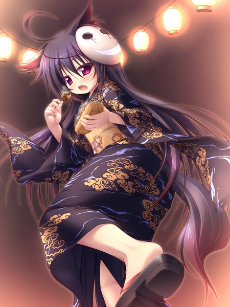 Anime picture 3400x4533 with original mizunoe kotaru single tall image blush highres open mouth black hair animal ears absurdres ahoge tail very long hair traditional clothes japanese clothes animal tail pink eyes mask on head girl food