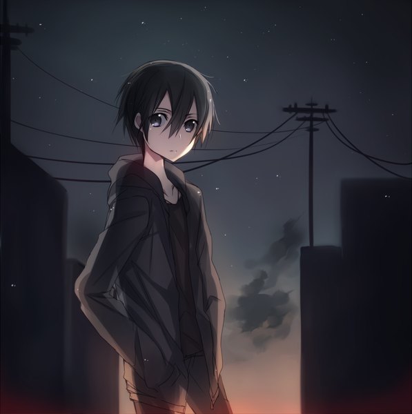 Anime picture 995x1000 with sword art online a-1 pictures kirigaya kazuto jianmo sl single tall image looking at viewer short hair black hair cloud (clouds) black eyes night night sky hands in pockets boy power lines