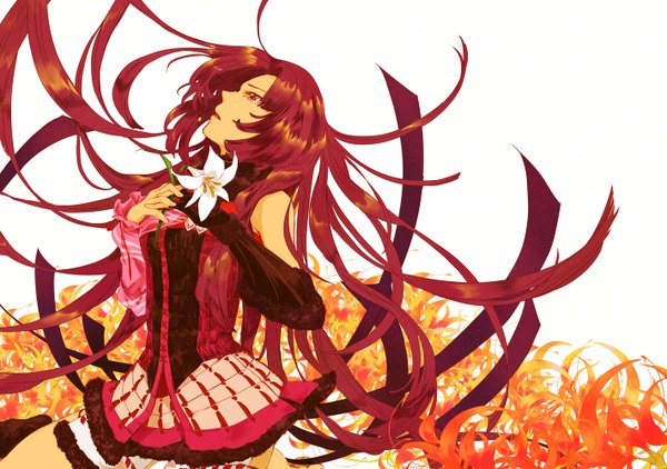 Anime picture 1420x1000 with sengoku basara production i.g oichi single long hair open mouth white background bare shoulders brown eyes red hair tears looking up girl dress flower (flowers) detached sleeves
