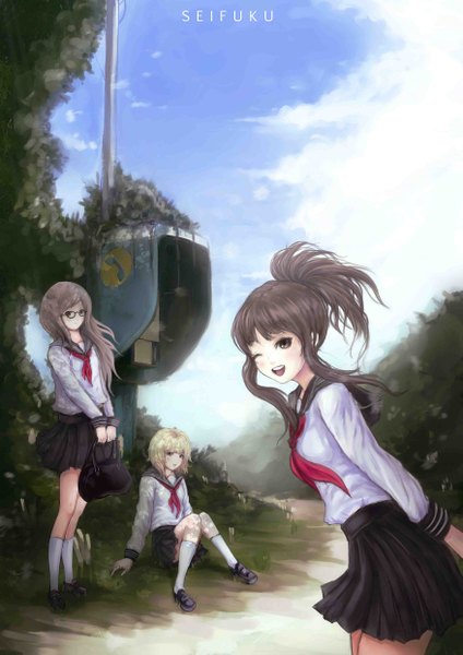Anime picture 3508x4961 with original kuon (kwonchanji) long hair tall image highres short hair open mouth black hair blonde hair multiple girls brown eyes absurdres sky cloud (clouds) one eye closed grey hair wink girl skirt uniform