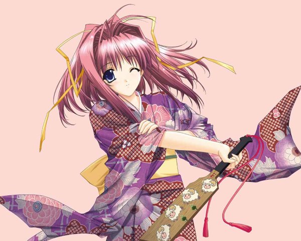 Anime picture 1280x1024 with 3ldk senoo chihogi kimizuka aoi single looking at viewer short hair blue eyes simple background pink hair japanese clothes one eye closed light smile wink pink background girl ribbon (ribbons) hair ribbon kimono hagoita