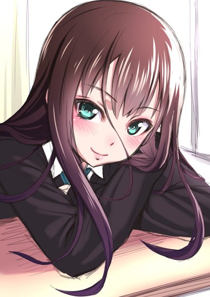 Anime picture 1000x1414 with idolmaster idolmaster cinderella girls shibuya rin jiang single long hair tall image looking at viewer blush fringe smile hair between eyes brown hair upper body indoors aqua eyes lips crossed arms girl uniform