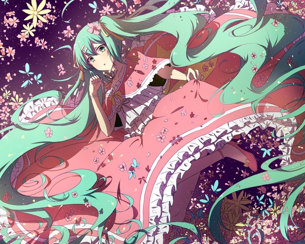 Anime picture 1280x1024 with vocaloid hatsune miku isumi (yangyan) single looking at viewer blush fringe open mouth hair between eyes twintails green eyes payot bent knee (knees) very long hair hair flower wind aqua hair :o from below wavy hair