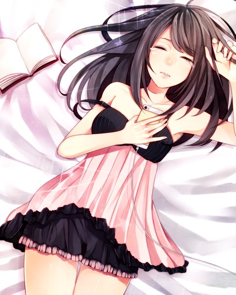 Anime picture 1000x1250 with original wakatsuki you single long hair tall image blush open mouth light erotic black hair bare shoulders eyes closed armpit (armpits) on back sleeping crying sad girl lingerie book (books) bed