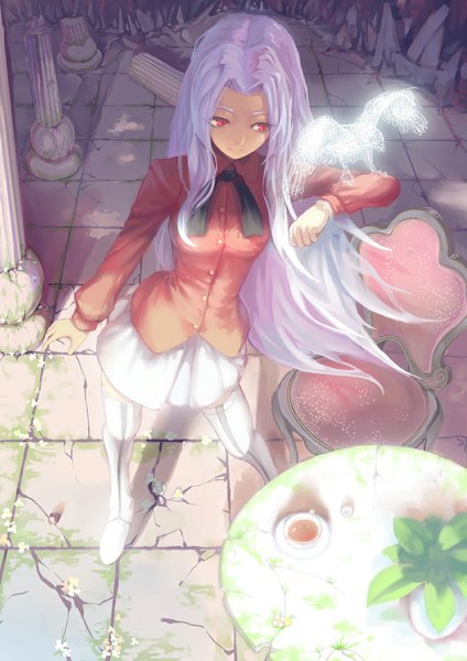 Anime picture 827x1169 with fate (series) fate/zero type-moon irisviel von einzbern madyy single long hair tall image smile red eyes standing looking away purple hair girl animal bird (birds) thigh boots chair cup tea