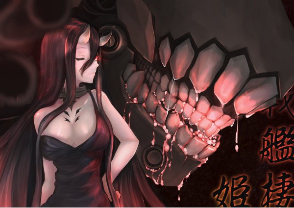 Anime picture 1200x849 with kantai collection battleship-symbiotic hime hachachi long hair breasts light erotic black hair smile hair between eyes red eyes cleavage one eye closed horn (horns) wink teeth glowing glowing eye (eyes) saliva pale skin oni horns