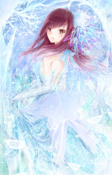 Anime picture 2894x4500 with fairy tail erza scarlet sanae (jomill04) jomill single long hair tall image looking at viewer blush fringe highres breasts standing bare shoulders red hair from behind alternate costume back girl dress