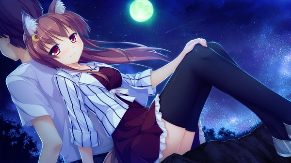 Anime picture 1920x1080 with world election whirlpool (studio) faura linans long hair looking at viewer blush highres smile red eyes brown hair wide image game cg ponytail night night sky couple girl thighhighs boy skirt