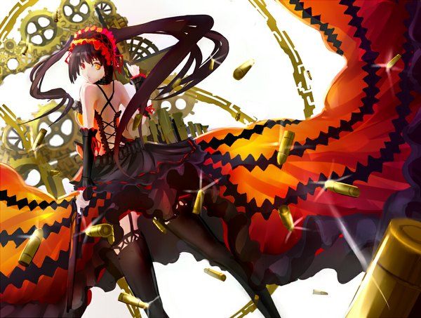 Anime picture 1052x796 with date a live tokisaki kurumi ted (taiwan) single long hair looking at viewer blush black hair red eyes twintails bare shoulders yellow eyes looking back heterochromia turning head lolita fashion goth-loli mechanical girl thighhighs