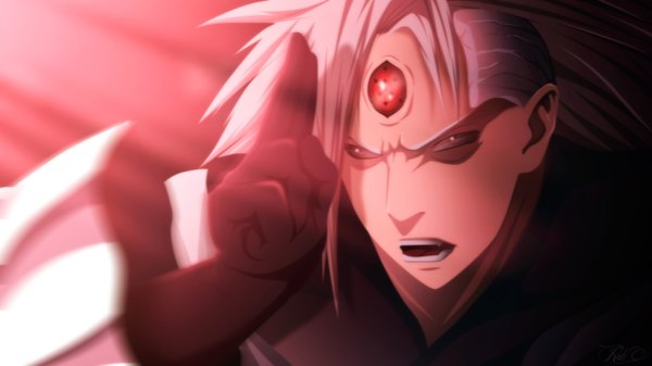 Anime picture 2667x1500 with naruto studio pierrot naruto (series) uchiha madara robcv single long hair highres open mouth red eyes wide image purple eyes white hair coloring light close-up rinnegan boy gloves black gloves