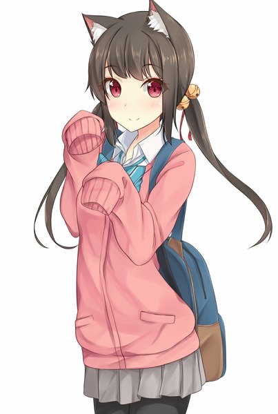 Anime picture 800x1191 with original hiiragi hajime single long hair tall image looking at viewer blush fringe simple background smile brown hair standing white background twintails animal ears long sleeves pleated skirt pink eyes cat ears cat girl