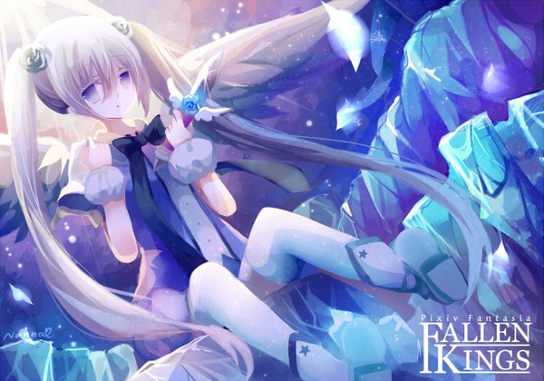 Anime picture 1285x900 with original pixiv fantasia pixiv fantasia fallen kings filiananna single long hair looking at viewer blush sitting purple eyes twintails silver hair angel wings girl thighhighs dress white thighhighs wings shoes iceberg