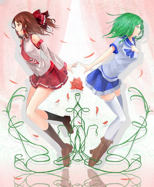 Anime picture 1000x1209 with touhou hakurei reimu kochiya sanae reio reio long hair tall image red eyes brown hair multiple girls green eyes green hair girl thighhighs skirt flower (flowers) bow 2 girls hair bow detached sleeves miniskirt