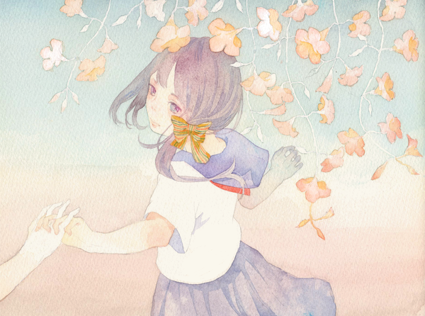 Anime picture 1501x1118 with original ray (artist) long hair purple eyes grey hair holding hands traditional media watercolor (medium) girl flower (flowers) bow hair bow serafuku campsis
