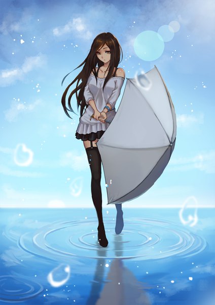 Anime picture 1000x1415 with original shiraha (pixiv10239953) single long hair tall image looking at viewer breasts brown hair standing bare shoulders holding brown eyes sky cloud (clouds) outdoors pleated skirt zettai ryouiki lens flare reflection horizon