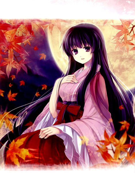 Anime picture 1965x2510 with touhou houraisan kaguya hagiwara rin single long hair tall image looking at viewer highres open mouth sitting purple eyes purple hair very long hair japanese clothes light smile wind night night sky framed girl