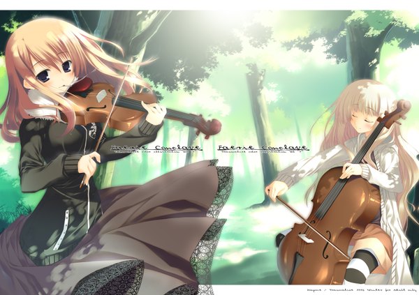 Anime picture 1600x1130 with kagome (traumatize) long hair fringe blonde hair standing purple eyes multiple girls outdoors blunt bangs eyes closed wind letterboxed smoke smoking playing instrument cover music cover page girl dress