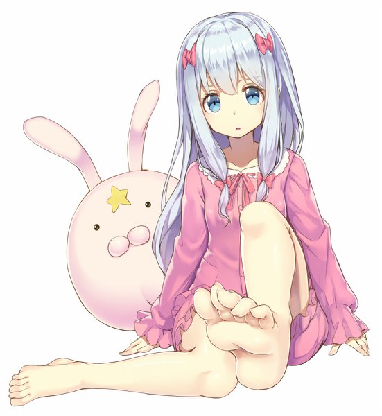 Anime picture 1102x1200 with eromanga sensei a-1 pictures izumi sagiri comet-kun asisuki single long hair tall image looking at viewer blue eyes simple background white background sitting silver hair full body bent knee (knees) parted lips barefoot bare legs leg lift (legs lift)