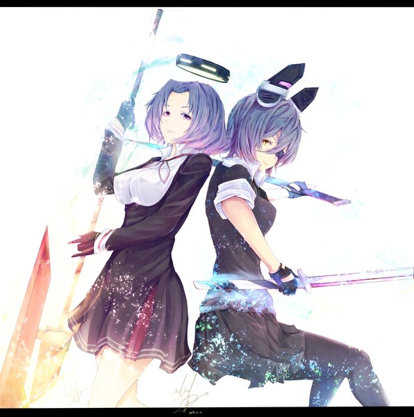 Anime picture 1229x1238 with kantai collection tenryuu light cruiser tatsuta light cruiser marumoru tall image short hair white background purple eyes multiple girls purple hair girl dress gloves hair ornament weapon 2 girls sword fingerless gloves katana eyepatch