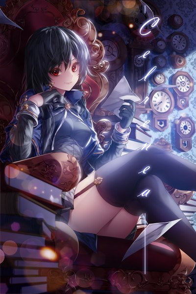 Anime picture 1000x1500 with original black joa single long hair tall image looking at viewer fringe short hair breasts light erotic black hair smile hair between eyes red eyes sitting holding head tilt sunlight inscription arm support